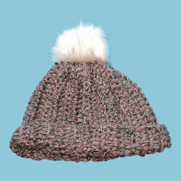 HANDMADE Gray & Pink Ribbed Hand Crocheted Beanie with White Faux Fur Pom Pom - Picture 2 of 8